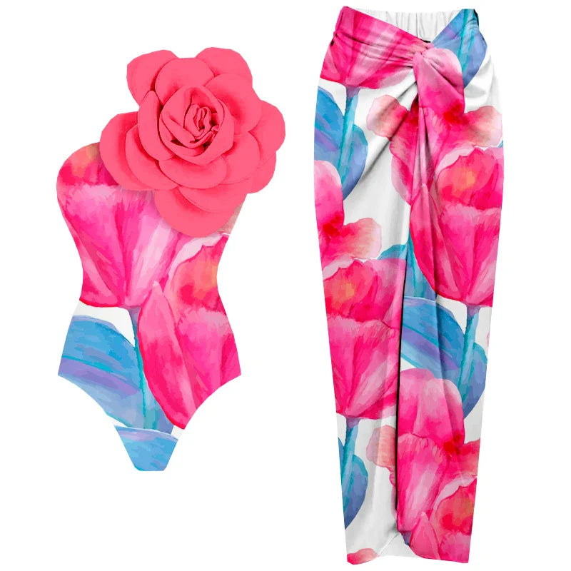 jinran 2024 New 3D Flower One Shoulder One Piece Swimsuit For Women Swimwear with Skirt Bathing Suit Monokini Beach Bodysuit Beach Wear