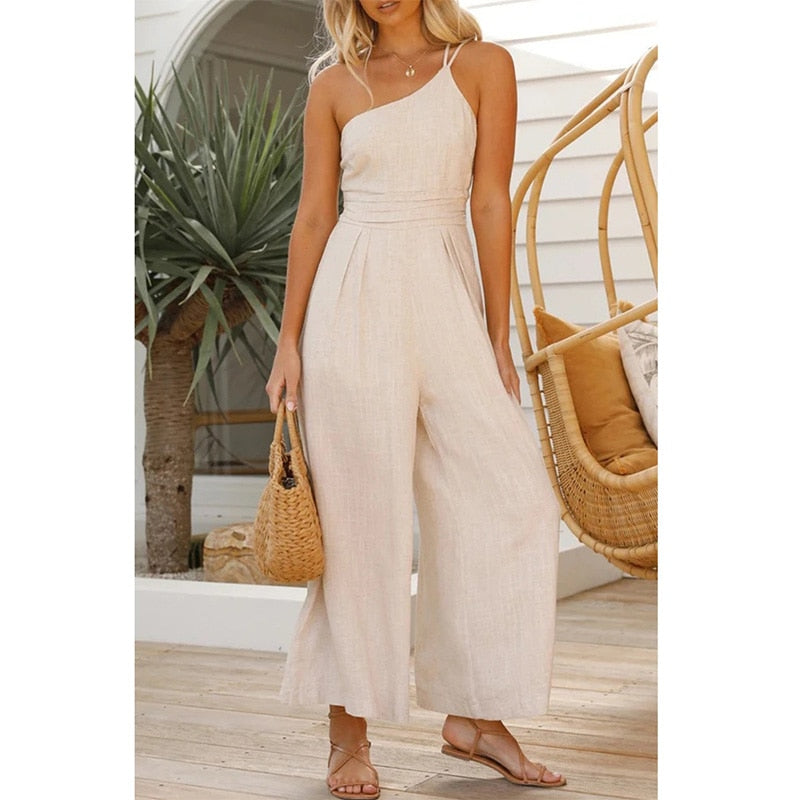 jinran Waist Folds Backless Double Strap Casual Wide Leg Jumpsuit Long Pants Green New Female Loose Jumpsuit