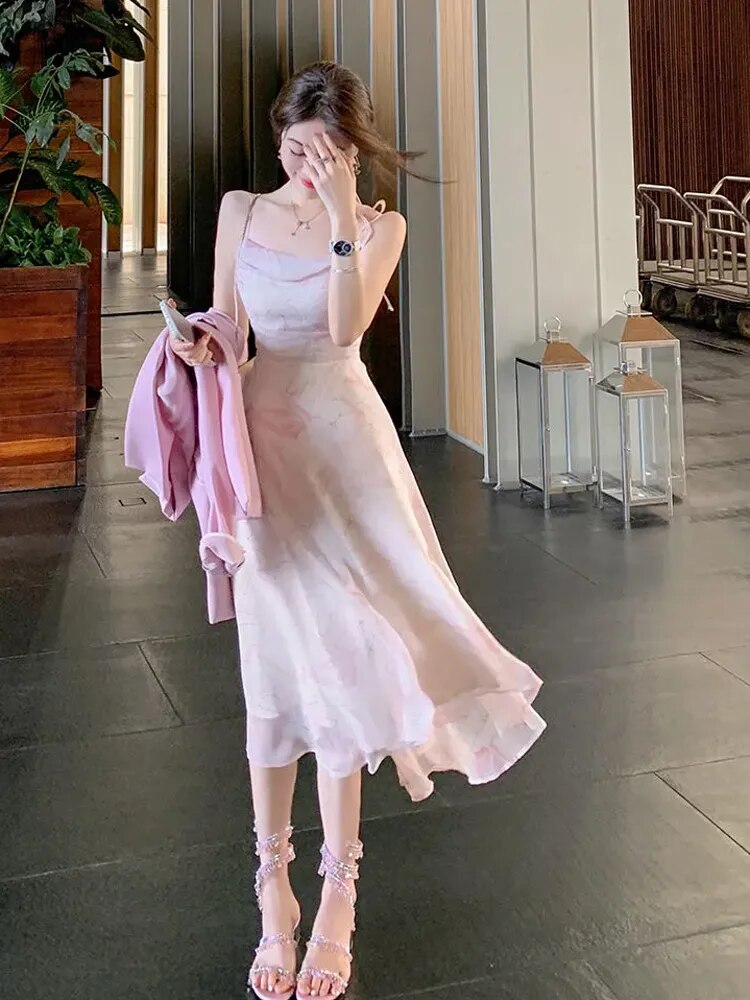 jinran - Summer Party Midi Elegant Dress Women Strap Sexy Design High Wasit Vintage Casual Dress Sleeveless Chiffon Sweet Dress