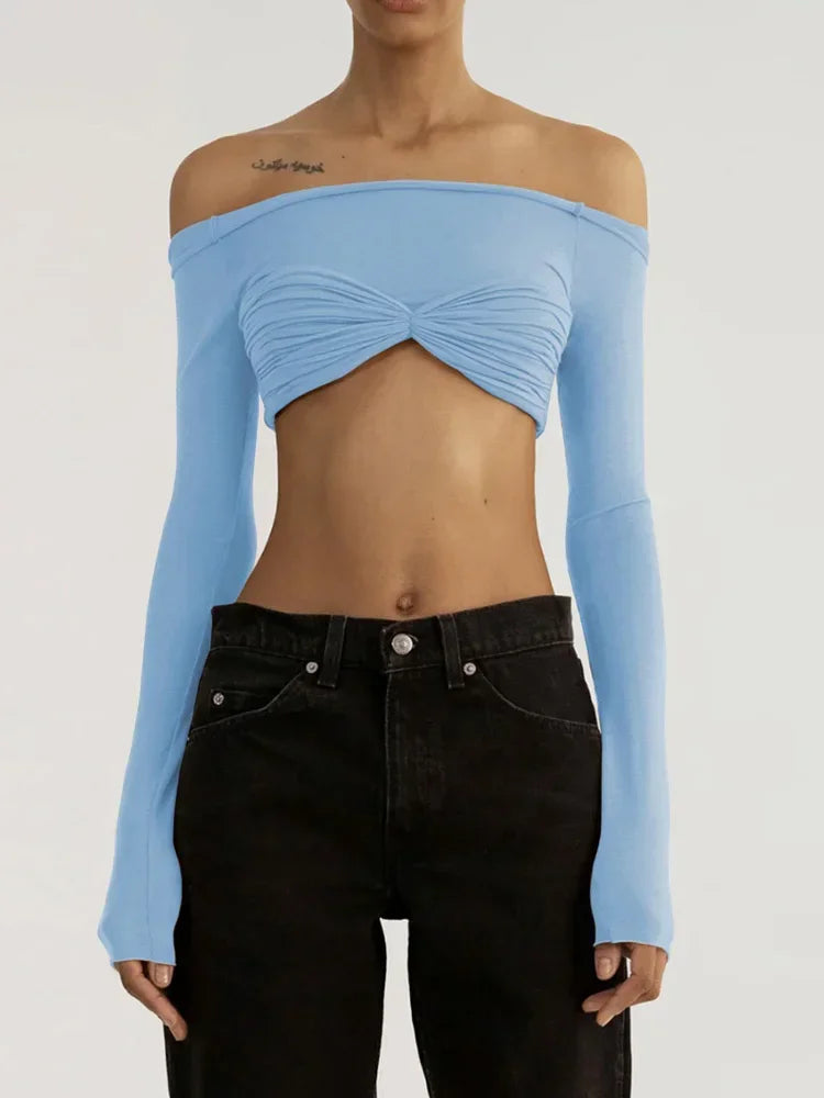 jinran Women Sheer Mesh Crop Top Twist See-Through Mesh Knit Copped Shirt Tops Bustier Off-Shoulder Long Sleeve Summer Hot Tops