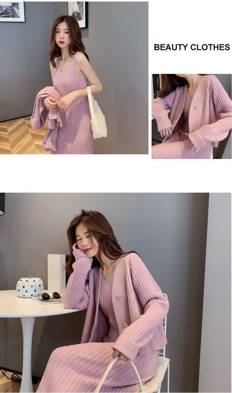 jinran Womans Clothes for Autumn Winter Loose Solid Knitwear Women's Two Piece V-Neck Casual Dress Set Long Sleeve Sweater Skirt