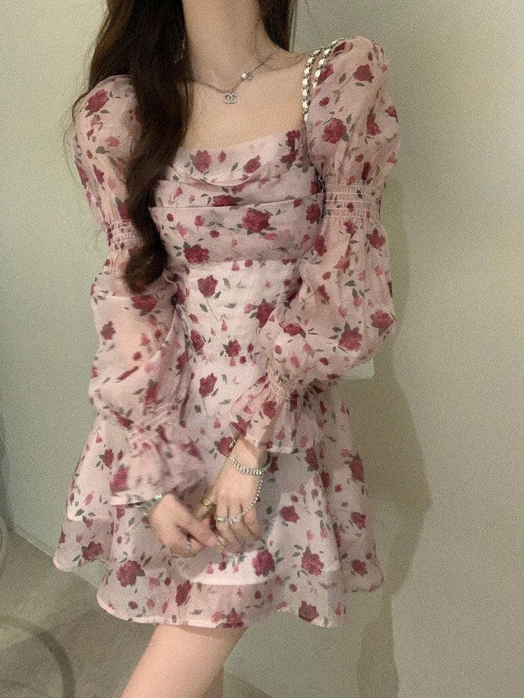 jinran Autumn Vintage Sweet Dress Women Chiffon Floral Bodycon Mini Dress Female korean Party Beach Long Sleeve Casual Dresses 2024