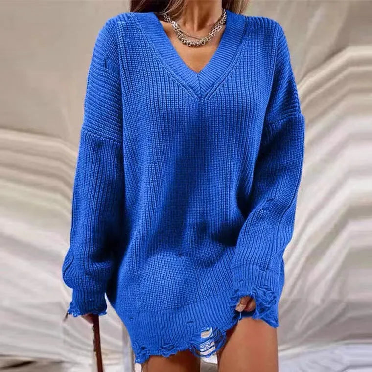 jinran Women Ripped Hole Knit Dress Autumn Winter Long Sleeve Mini Sweater Dresses Casual Loose Oversize Knitted Short Dresses