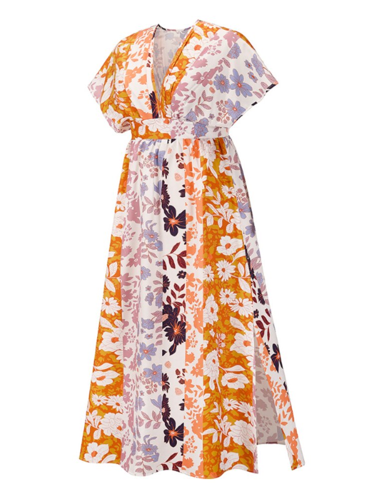 jinran Summer Split Dress Female Bat Sleeve V-neck Printed Large Swing Skirt Bohemian Beach Skirt Dress for Women Robe Dresses Women