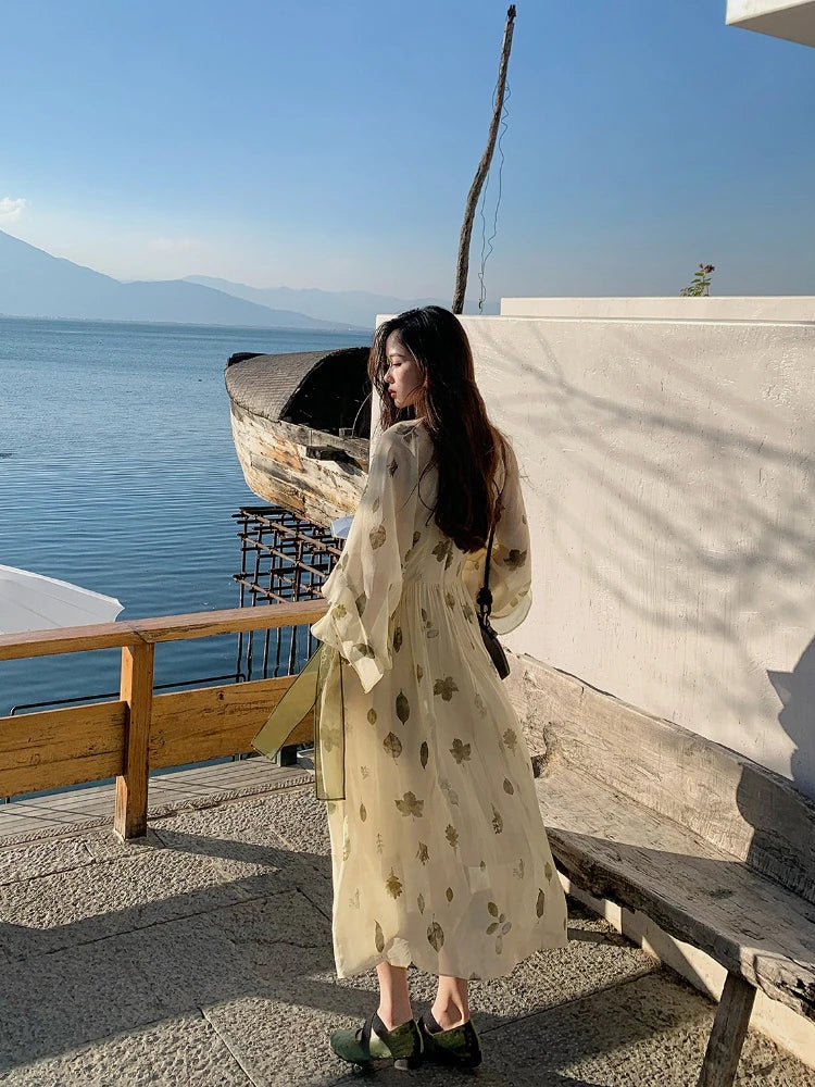 jinran French Vintage Floral Fairy Dress Women Casual Elegant Beach Style Party Dress Chiffon One Piece Dress Korean Women Summer