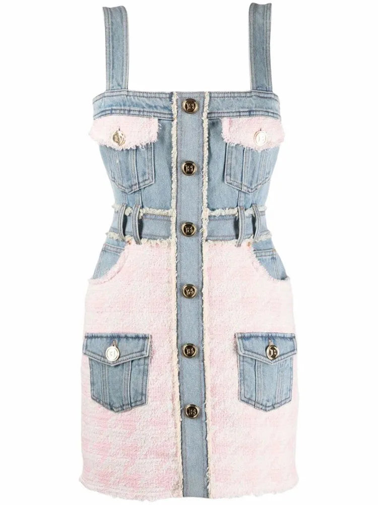 jinran HIGH STREET Newest 2024 Designer Fashion Women Spaghetti Strap Denim Tweed Houndstooth Pachwork Fringed Dress