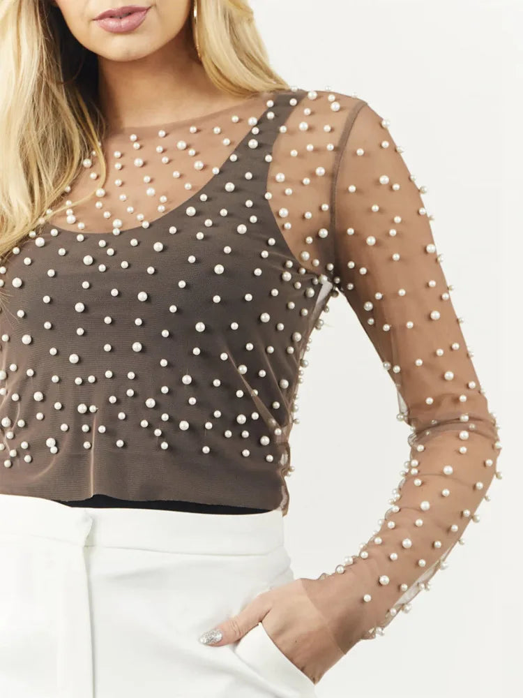 jinran Pearl Mesh See Through T-shirt Women Fashion Long Sleeve Pullover Blouse Ladies Summer U Neck Sexy Tee Shirt Tops
