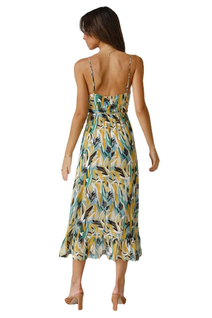 jinran Summer new women's fashion casual color print halter sleeveless deep v waist dress