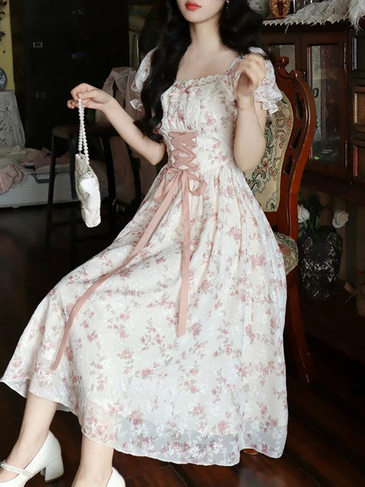 jinran Summer Lace Korean Fairy Dress Women Square Collar Princess Kawaii Floral Midi Dress Female Bandage Sweet Dresses Fashion