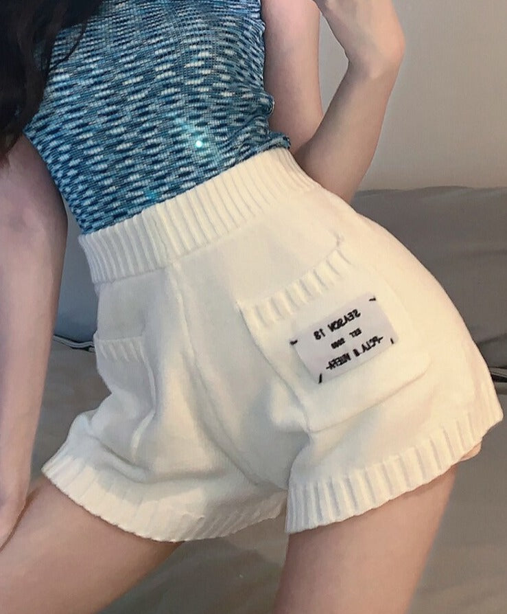 jinran Summer All-match Slim Letter Patch Knitted Shorts Female Casual Pockets White Women's Shorts Sexy Lady Elastic Waist