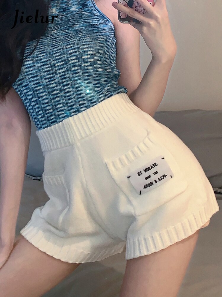 jinran Summer All-match Slim Letter Patch Knitted Shorts Female Casual Pockets White Women's Shorts Sexy Lady Elastic Waist