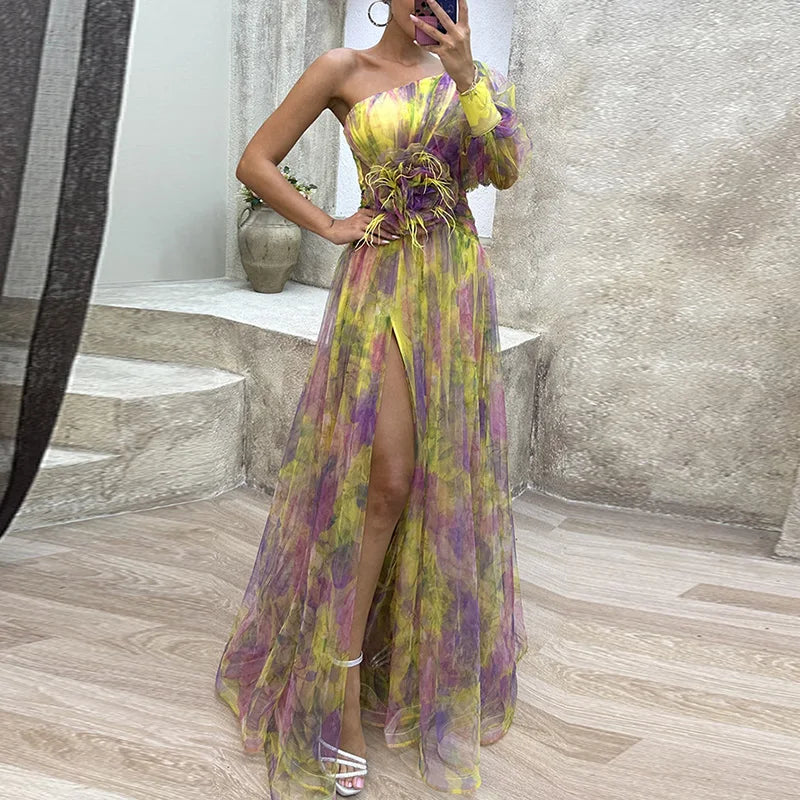 jinran Women High Waist Hollow Out Slit Dresses Party Lady Chic Patchwork Print Maxi Dress Summer Off Shoulder Long Dress New Vestido