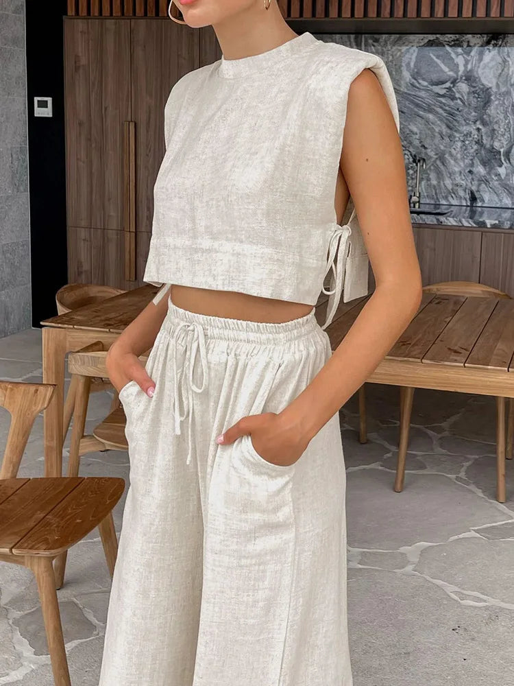 jinran Spring Summer 2024 Women Holiday Linen Pant Set Crop Tops Solid Outfits 2 Two Piece Matching Set For Women