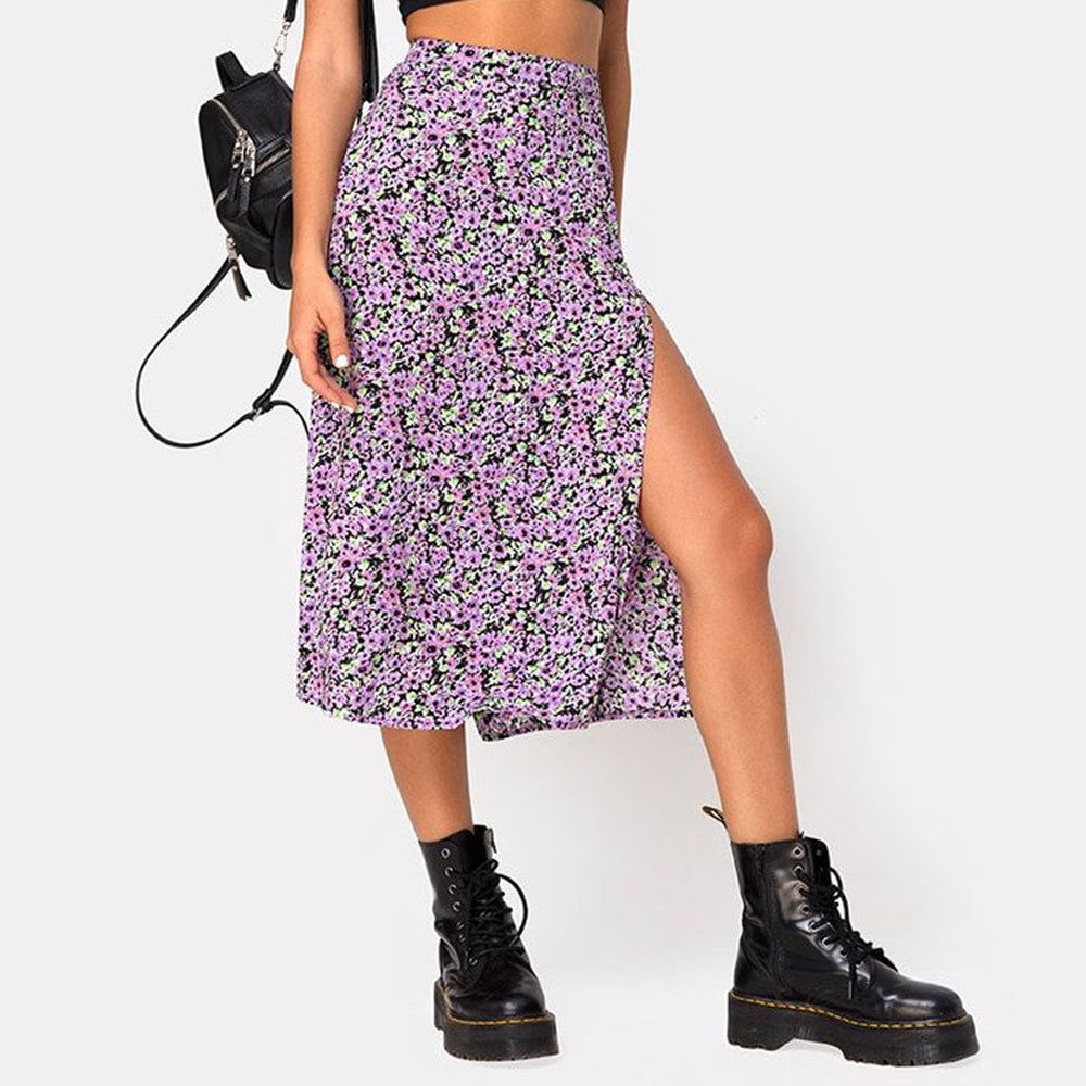 jinran Women Skirt Harajuku leopard flower printed package hip tall waist elastic Summer style mild calf a-line skirts Women XSK8110