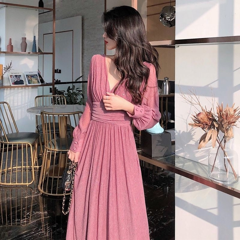 jinran Vintage Sexy Maxi Dresses for Women Party Sequin Midi Dress Female Casual Chiffon Slim Korean Woman Dress Elegant Autumn