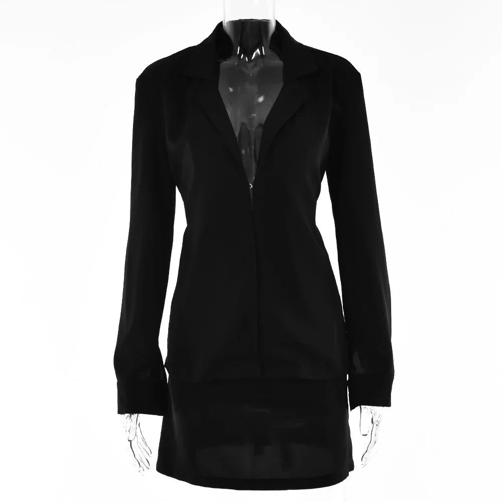 jinran Turn-down Collar Button Women Two Piece Set Black Long Sleeve Top High Waist Mini Skirt Ladies Summer Slim Casual Set