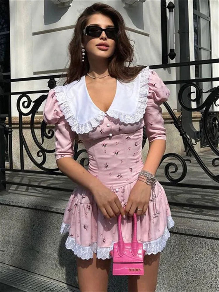 jinran Summer Printed Patchwork Mini Dress Female V-Neck Short Sleeve Slim Fashion Elegant Party Dress Gown For Women Dress 2024