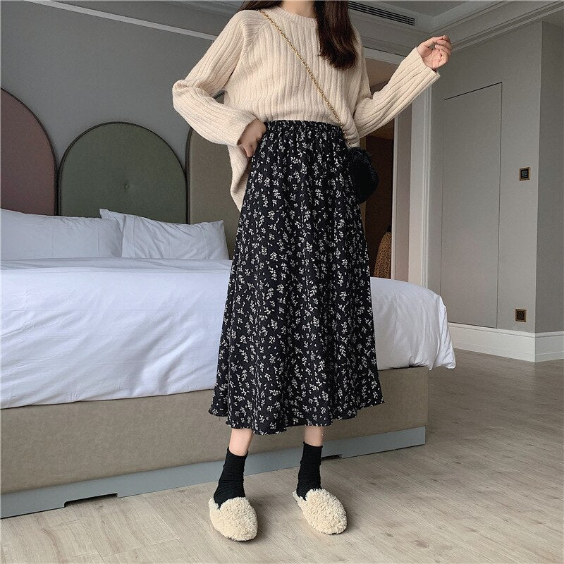 jinran Summer New Floral Print A Line Pleated Women Long Skirts 2022 Korean Fashion Elastic Waist Sweet Retro Midi Skirt Streetwear