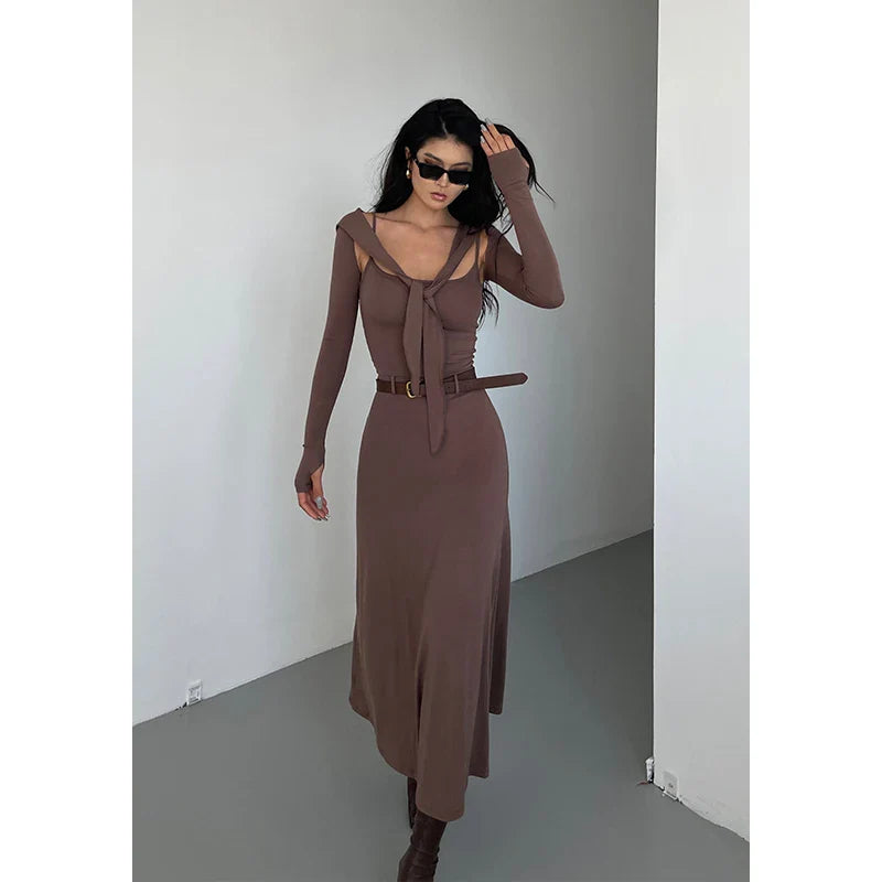 jinran Hooded Camisole Knitted Dress Elegant For Women Autumn New High Waisted Slim Belt Fashion Robe Korean Women Top 0PPB