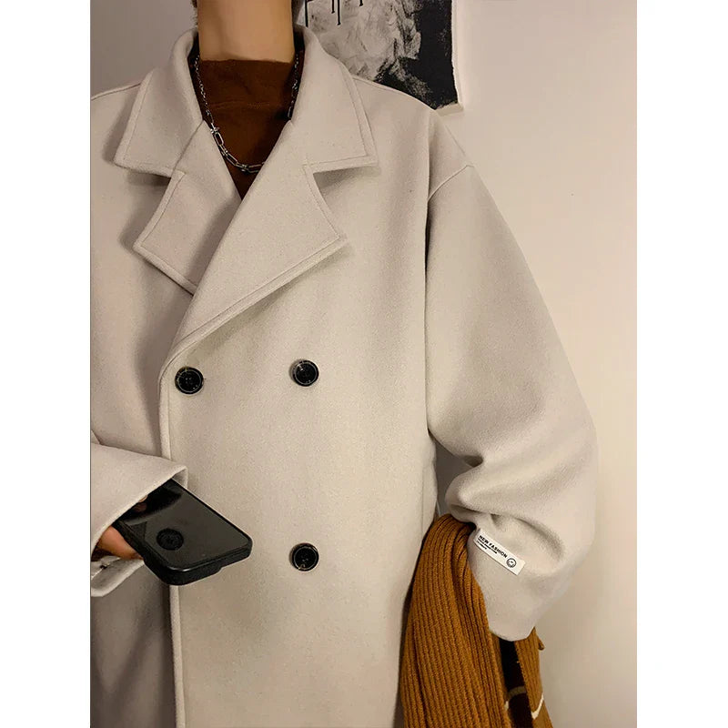 men Black Streetwear Winter Jacket Overcoat Classic Korean Fashion Trench Coat Oversized Windbreaker Wool Blends Coat