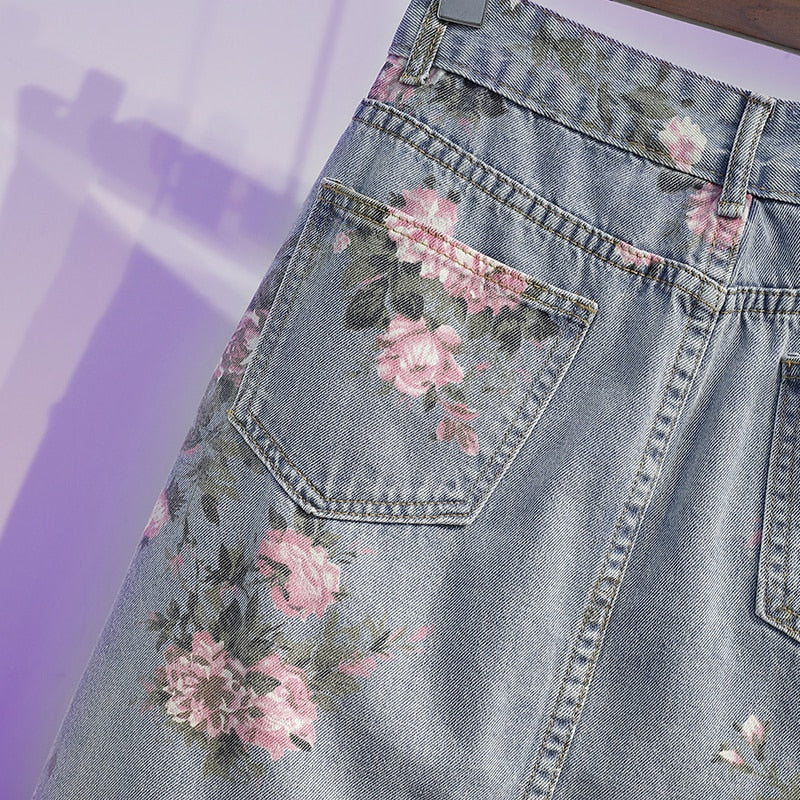 jinran Spring And Summer Trendy Flower Split Denim Skirt Women's 5XL Slightly Fat MM Thin Bag Hip Mid-length A-line Skirt