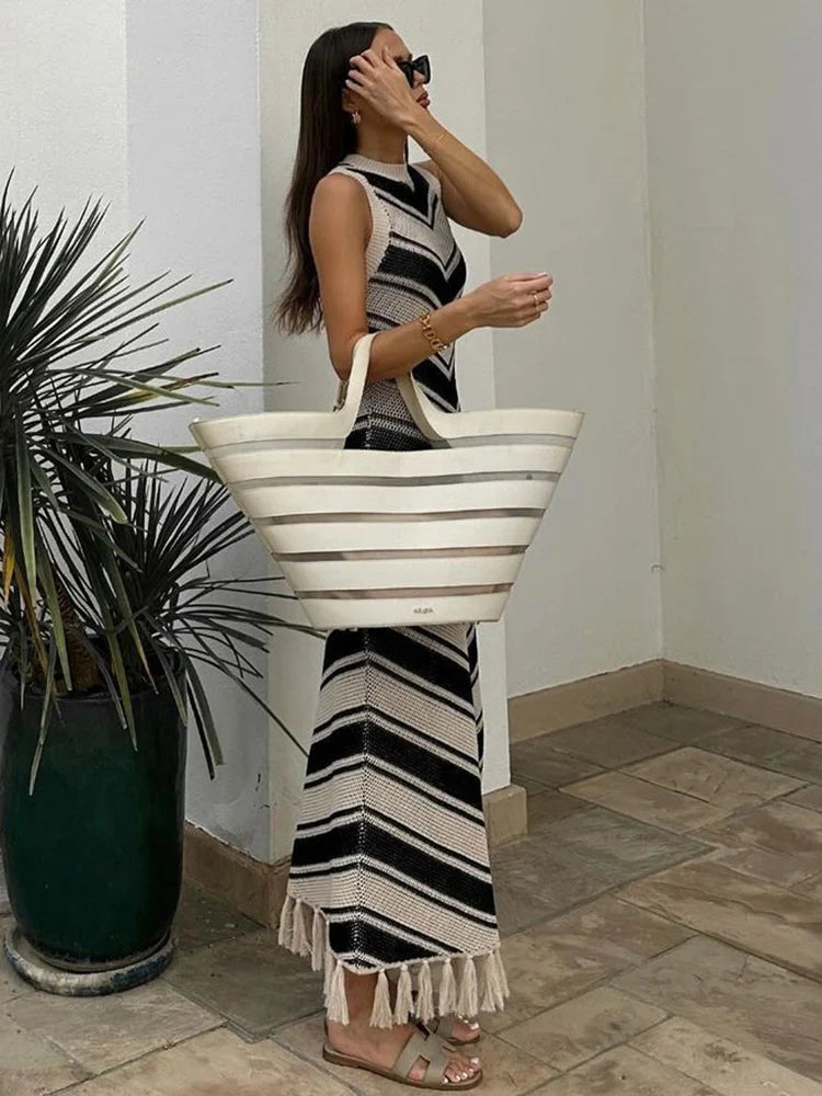 jinran Sexy Tight Striped Tassel Knitted Dress For Women Sleeveless 2024 Summer Fashion Beach Party Evening Long Knitwear Dress