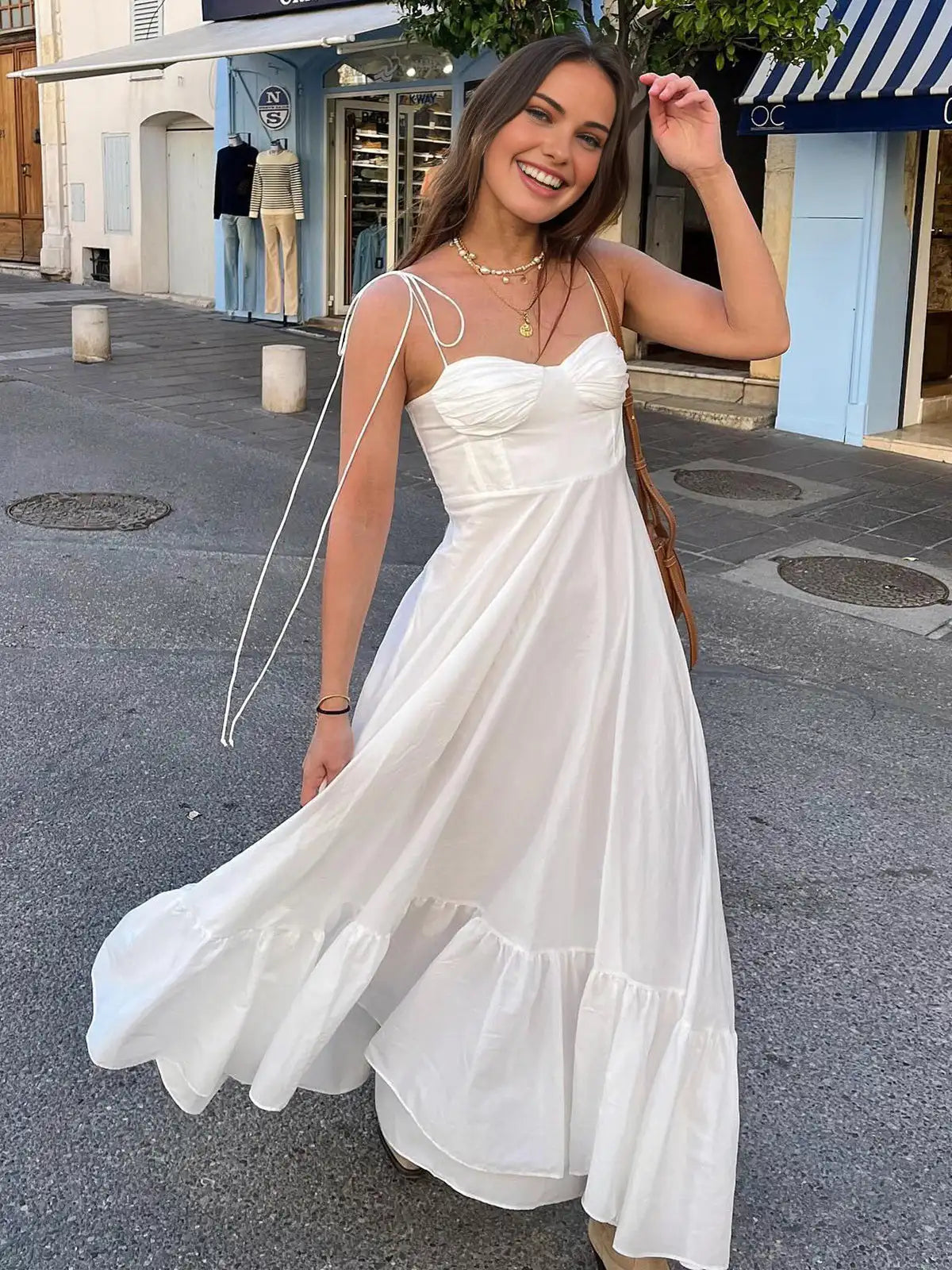 jinran 2024 White Dress Women Halter Cotton Long Dress Lace Elegant Party Outfits Ladies Sexy Club Clothes