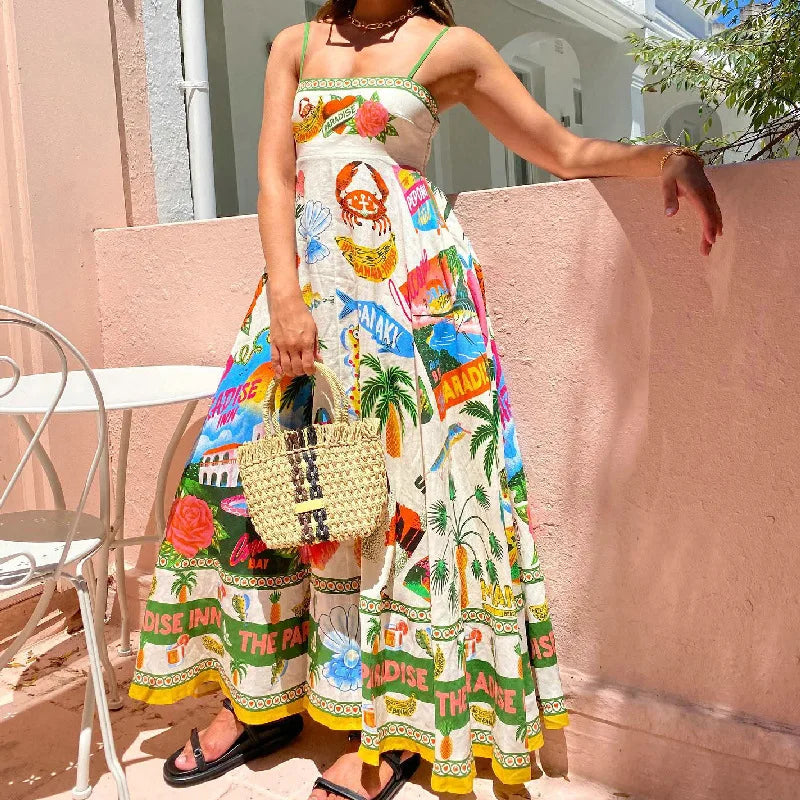 jinran Printed Slim Linen Maxi Dress Women Summer Elegant Sleeveless Backless Swing Pleated Long Dresses Holiday Bohemian Robes