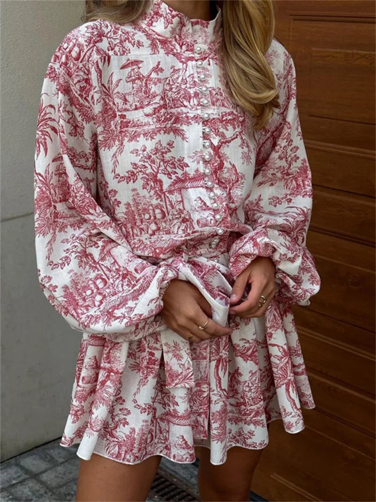 jinran Vintage Printed Lace-Up Mini Dress For Women Fashion Ruffled Pleated Dress Bandage Long Sleeve High Street Women's Dress