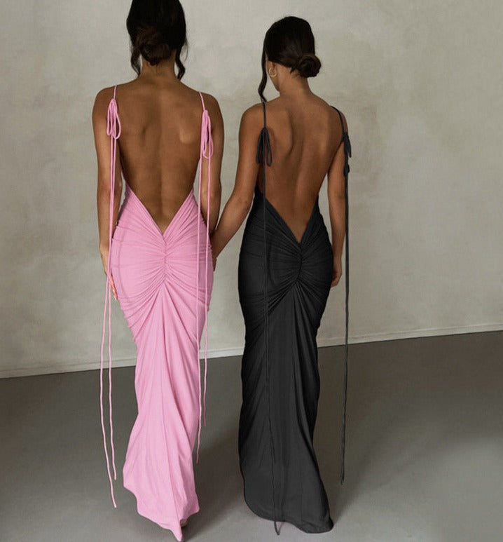 jinran Spaghetti Strap Sexy Backless Maxi Dress Outfits Women Elegant Birthday Vestido Summer Club Party Ruched Dresses