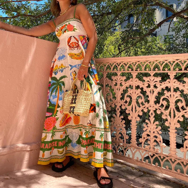 jinran Printed Slim Linen Maxi Dress Women Summer Elegant Sleeveless Backless Swing Pleated Long Dresses Holiday Bohemian Robes