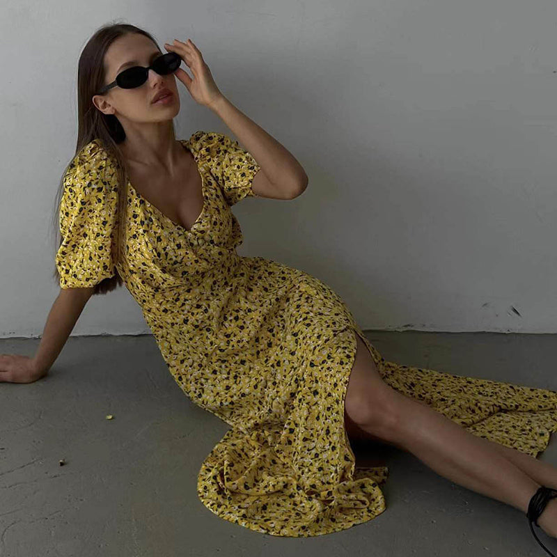 jinran Summer Cute Flower Puff Sleeves Dresses Women Sexy V-neck Slit Beam Waist Long Dress Female Vintage Elegant Red Dress