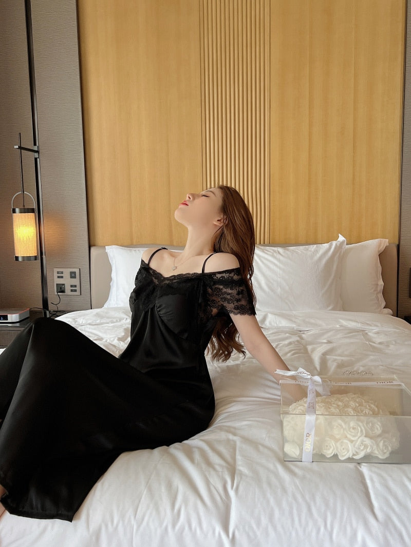 jinran Women Sexy Black Satin Night Dress Sleeveless Nighties V-neck Nightgown Thin Long Nightdress Lace Sleepwear Nightwear for Women