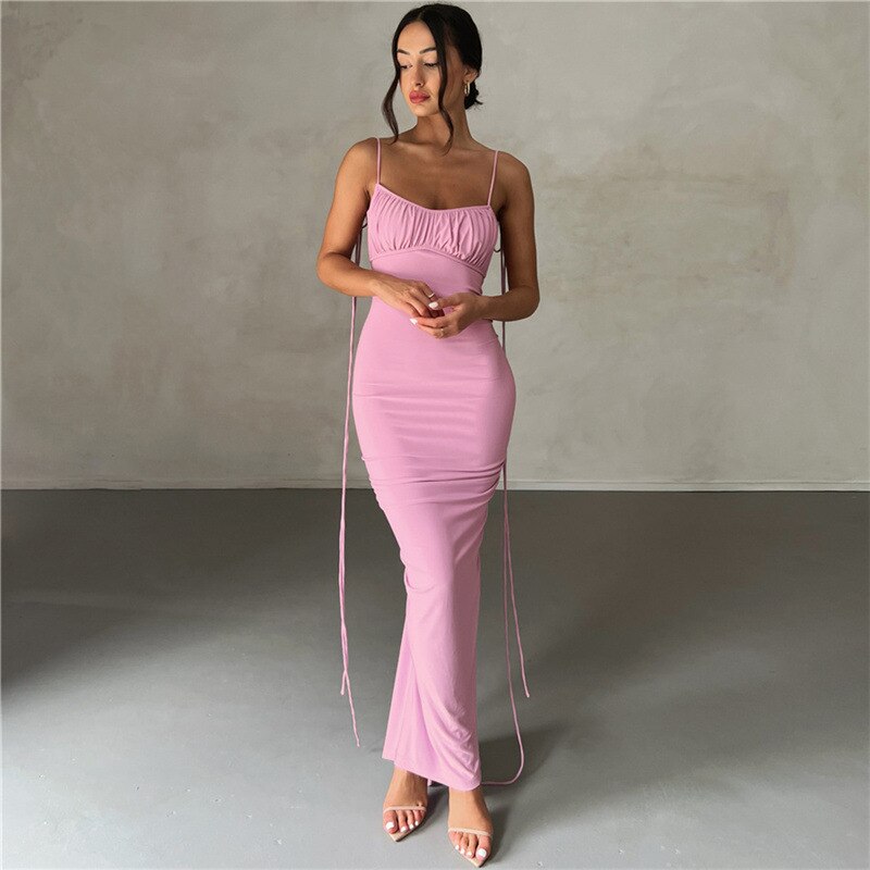 jinran Spaghetti Strap Sexy Backless Maxi Dress Outfits Women Elegant Birthday Vestido Summer Club Party Ruched Dresses