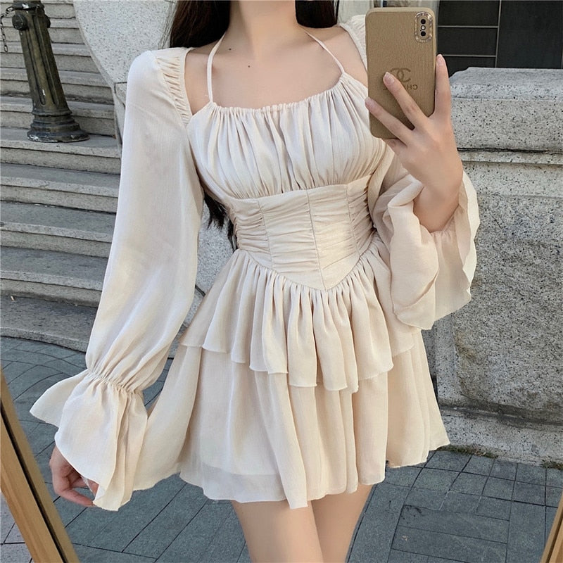 jinran Sweet Pink Dress French Women Halter Folds Strapless Ruffled Holiday Dress Summer New Long Sleeve Fashion Pleated Mini Dress