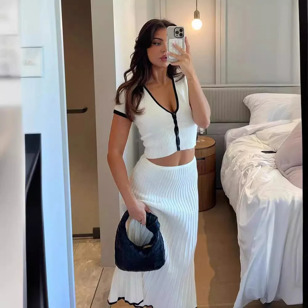 jinran New Summer Knit Patchwork 2 Pieces Sets Women Crop Top Long A-line Skirts Matching Suit Knitwear Slim Fit Pleated Skirt Outfits
