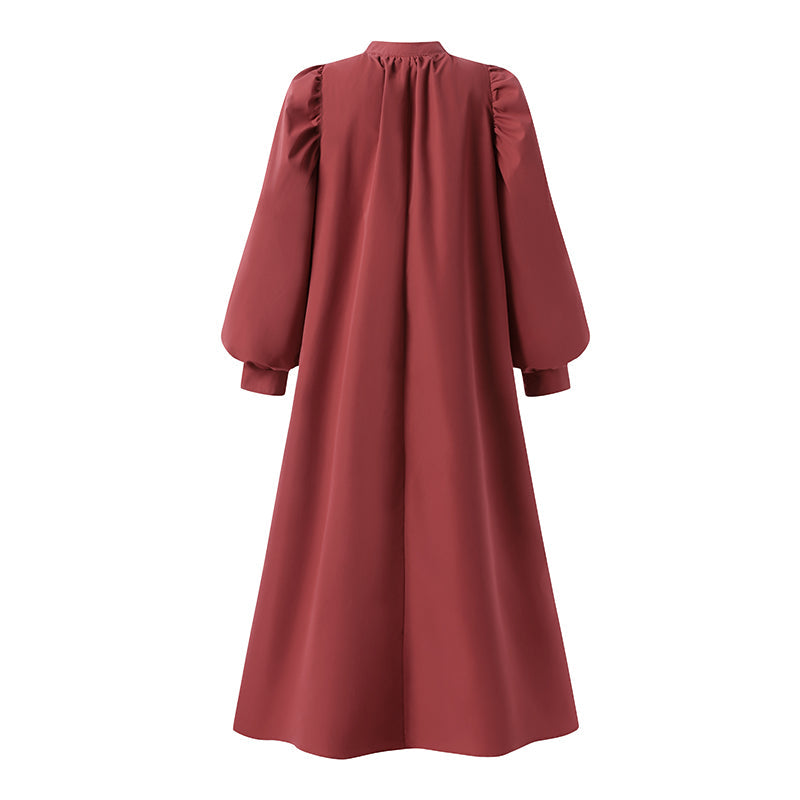 jinran Women Casual V Neck Solid A-Line Vestido 2022 Fashion Long Puff Sleeve Sundress Holiday Dress Retro Kaftan Dress Oversize