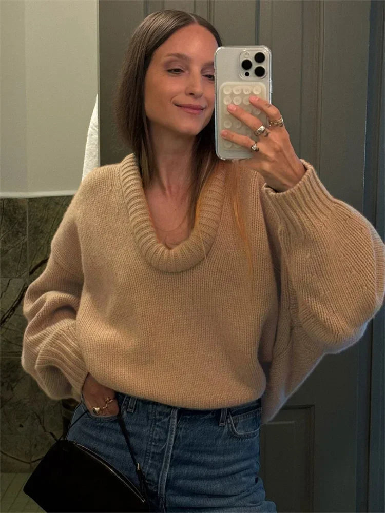 nvxiot - Autumn Knit Sweater Pullover Loose Female Casual Patchwork Scoop Neck Striped Long Sleeve Knitwear Women Y2k Top Pullover