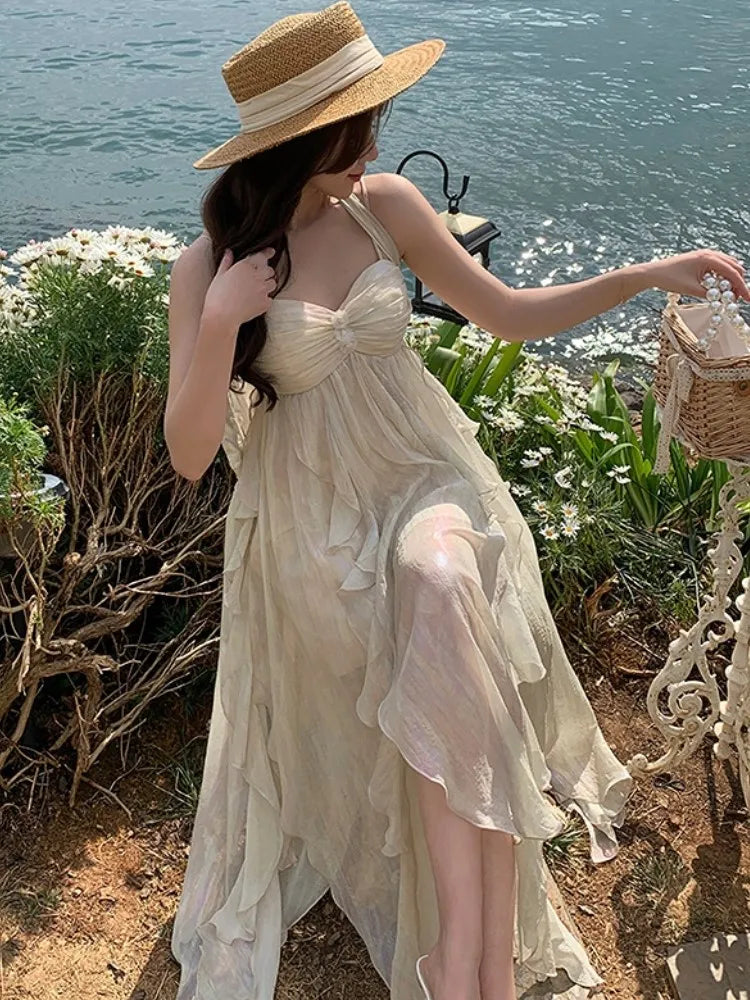 jinran France Fashion Irregular Beach Strap Dress Female Elegant Chiffon Fairy Party Vestidos Korea Summer Casual Clothing
