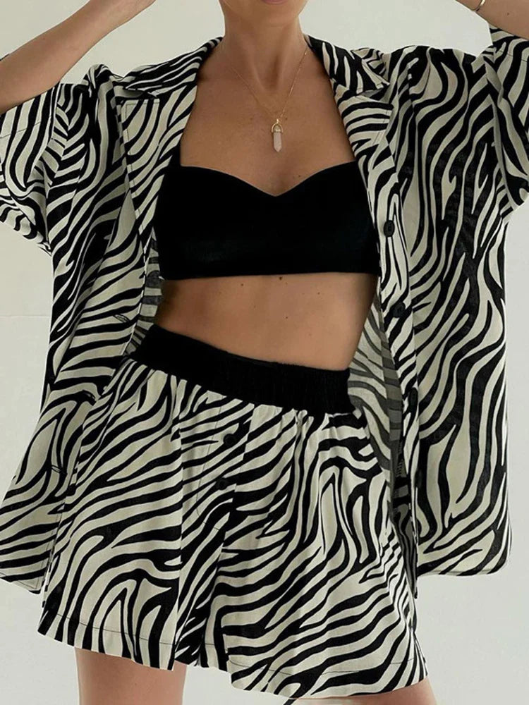 jinran Women Two Piece Sets Outfits Zebra Printed Loose Shirt Tops And High Waist Shorts Set 2024 Casual Streetwear Summer New