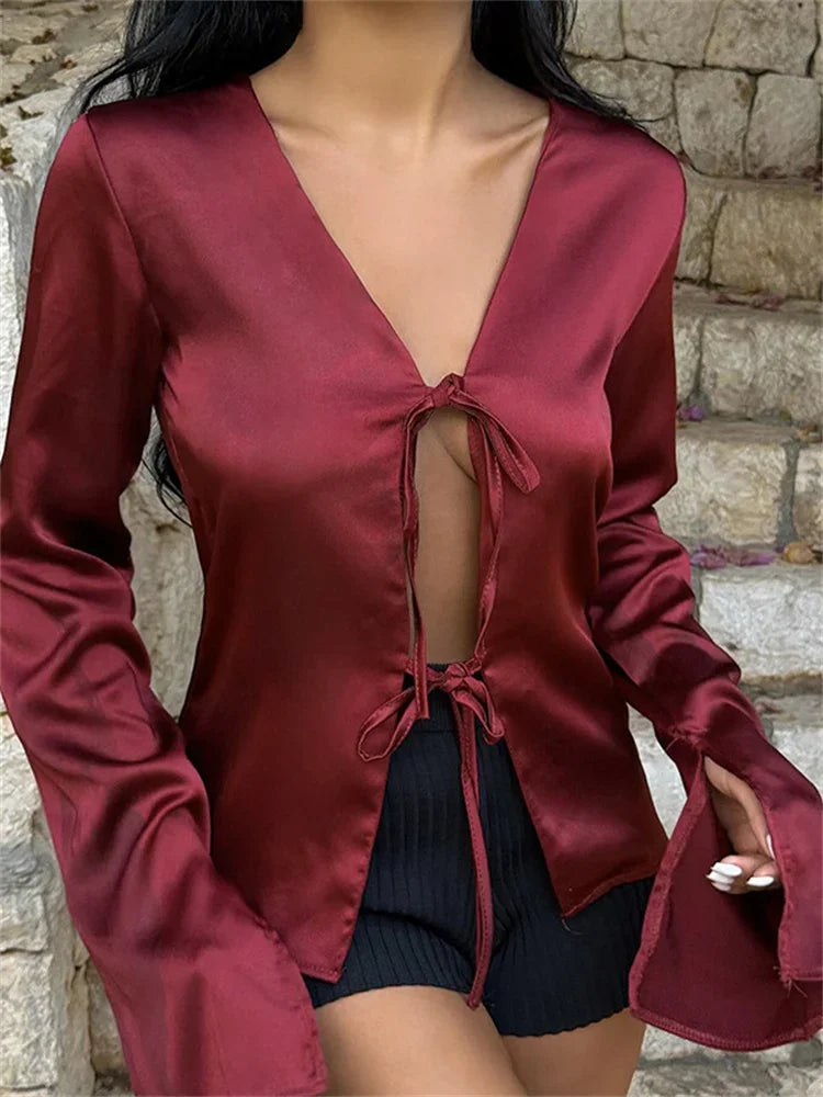 nvxiot - Satin Hollow Out Lace-Up Cardigan Top For Women V-Neck Solid Patchwork Cropped Shirts Casual Autumn Bandage Y2k Top Tee