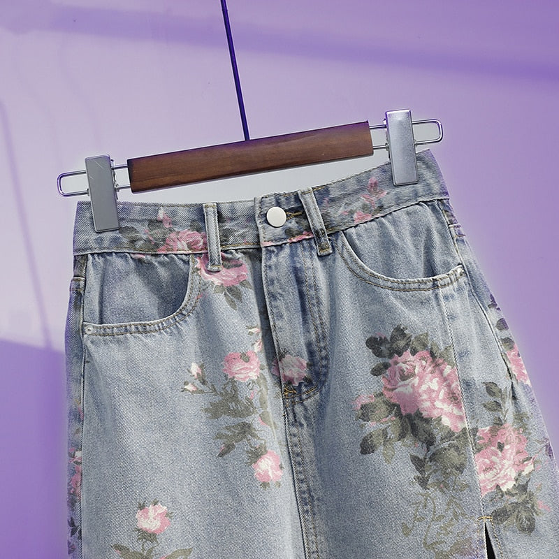 jinran Spring And Summer Trendy Flower Split Denim Skirt Women's 5XL Slightly Fat MM Thin Bag Hip Mid-length A-line Skirt