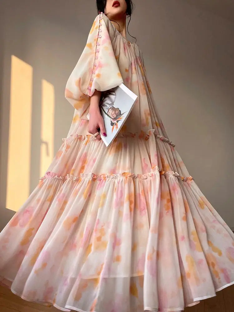 jinran Elegant Print Midi Dresses For Women 2023 Spring Summer New French Fashion Sweet Vintage Female Clothes Loose Maxi Y2k Dress