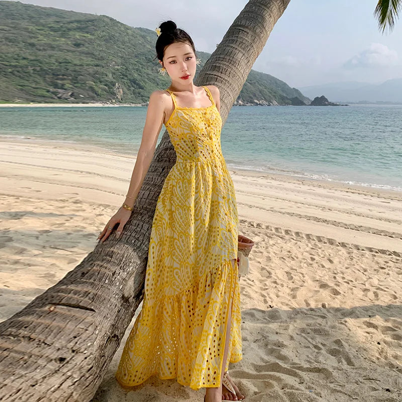 jinran Fashion Women Summer Embroidery Cotton Midi Long Dress Beach Straps Sundress Hollow Out Sexy Backless Prom Evening Robe
