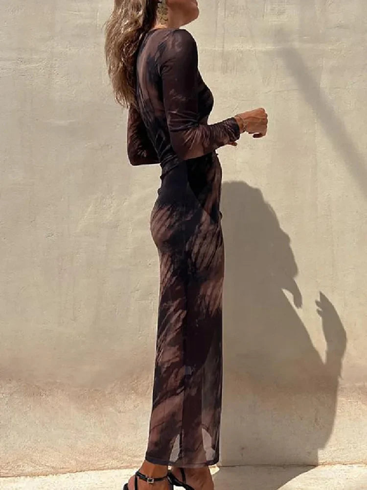 jinran Casual Streetwear Women Retro Print Dress O Neck Slim Long Sleeve Lady Office Dress Summer Holiday Party Club Ankle-Length Dress