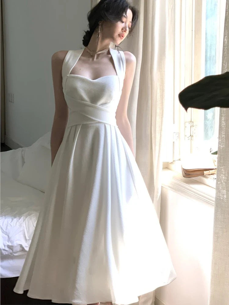 jinran Korean Elegant Lace Up Evening Party Midi Dress Summer New Women Fashion Slim A-Line Vestidos Female Casual One-piece Clothes