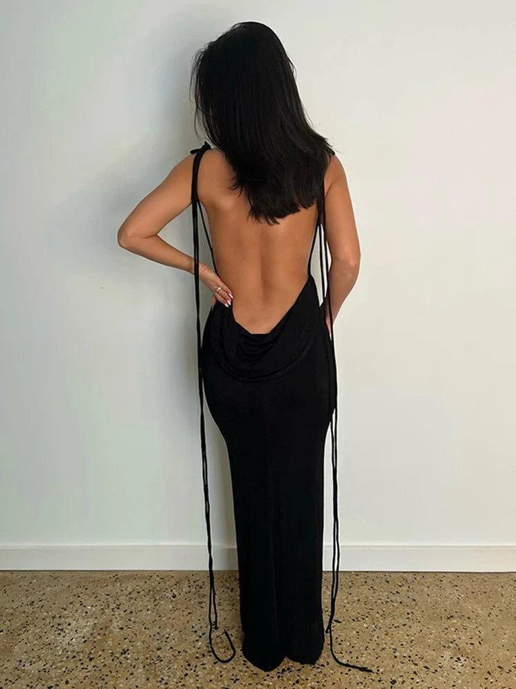 jinran Women Sexy Swing Collar Backless Sleeveless Maxi Prom Dress Drawstrings Elegant Bodycon Solid Party Dresses 2022 Summer