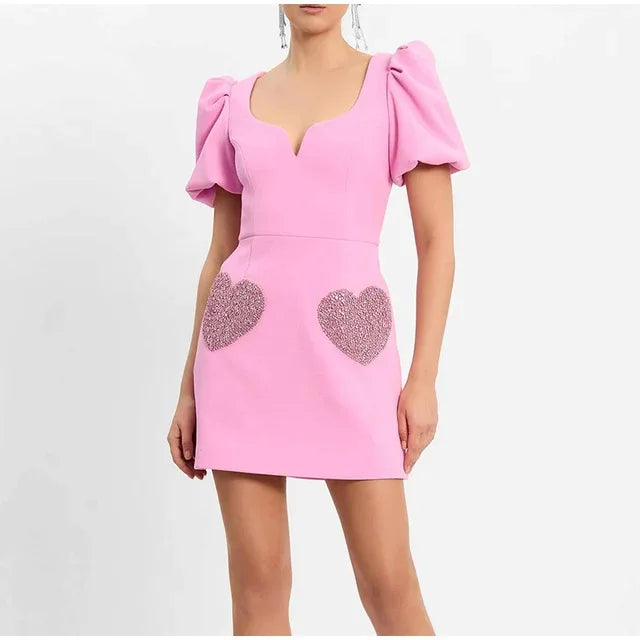 jinran 2024 Summer Dress Women Heart Shaped Sequins Party Mini Dress Female Puff Sleeve V Neck Robe Slim Elegant Pink Dresses Clothes