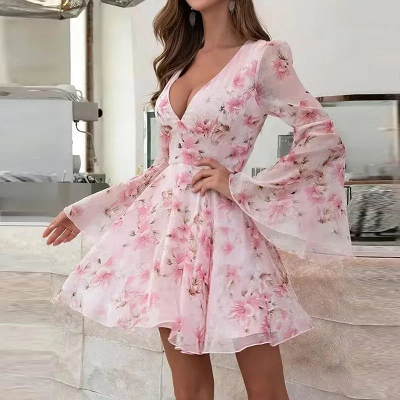 jinran Women Elegant Floral Print Hem A-Line Dress New Spring Sexy Deep V Neck Hollow Party Dress Summer Flare Sleeve Zipper Mini Dress