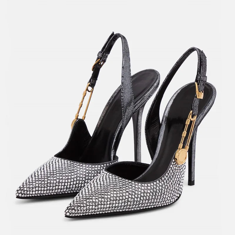 jinran Luxury Rhinestones Sequined Buckle Women Pumps Elegant Pointed toe Slingbacks Stiletto High heels Spring Summer Fashion Shoes
